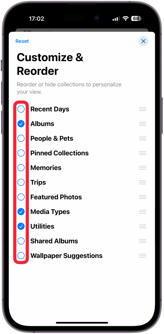 Here you will see a list of collections, which is what the sections of the Photos app are called. If a circle has a check mark, that collection will be visible, while collections with empty circles are hidden.