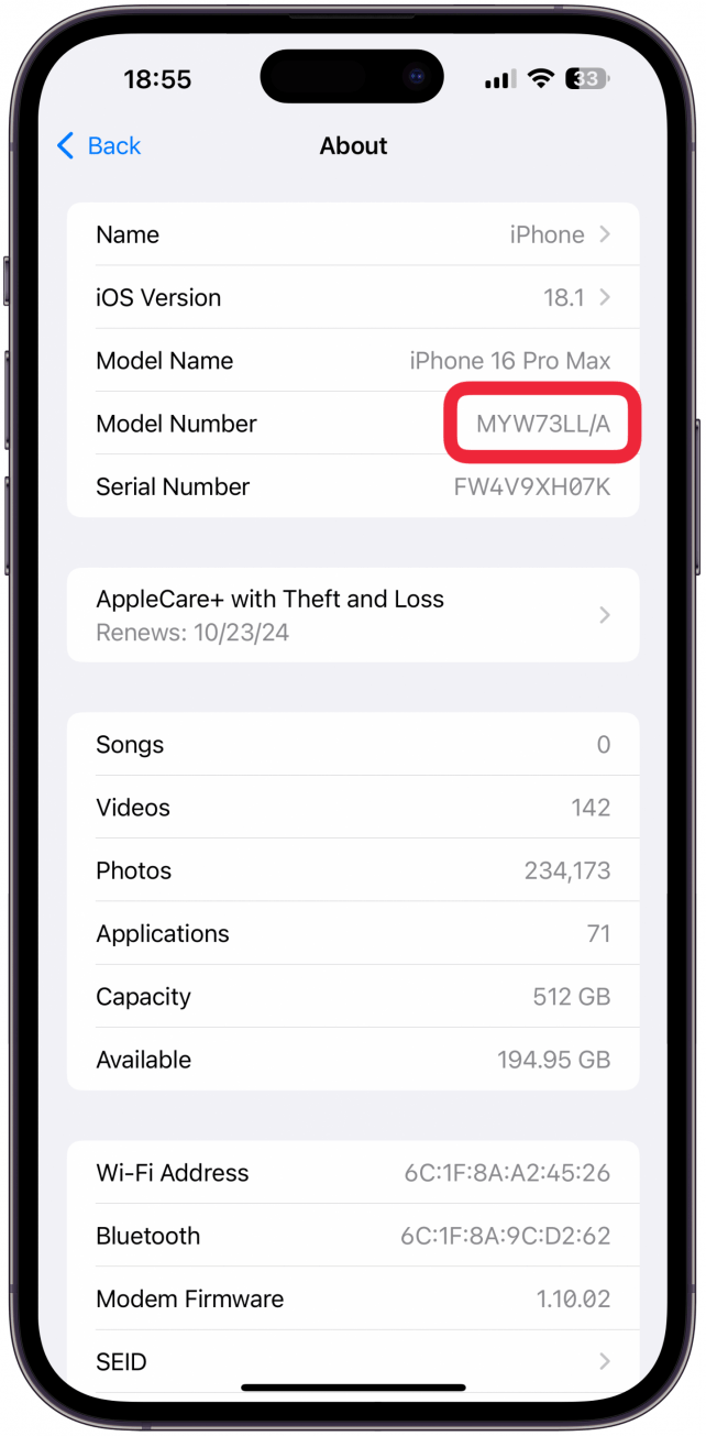 Model Number section