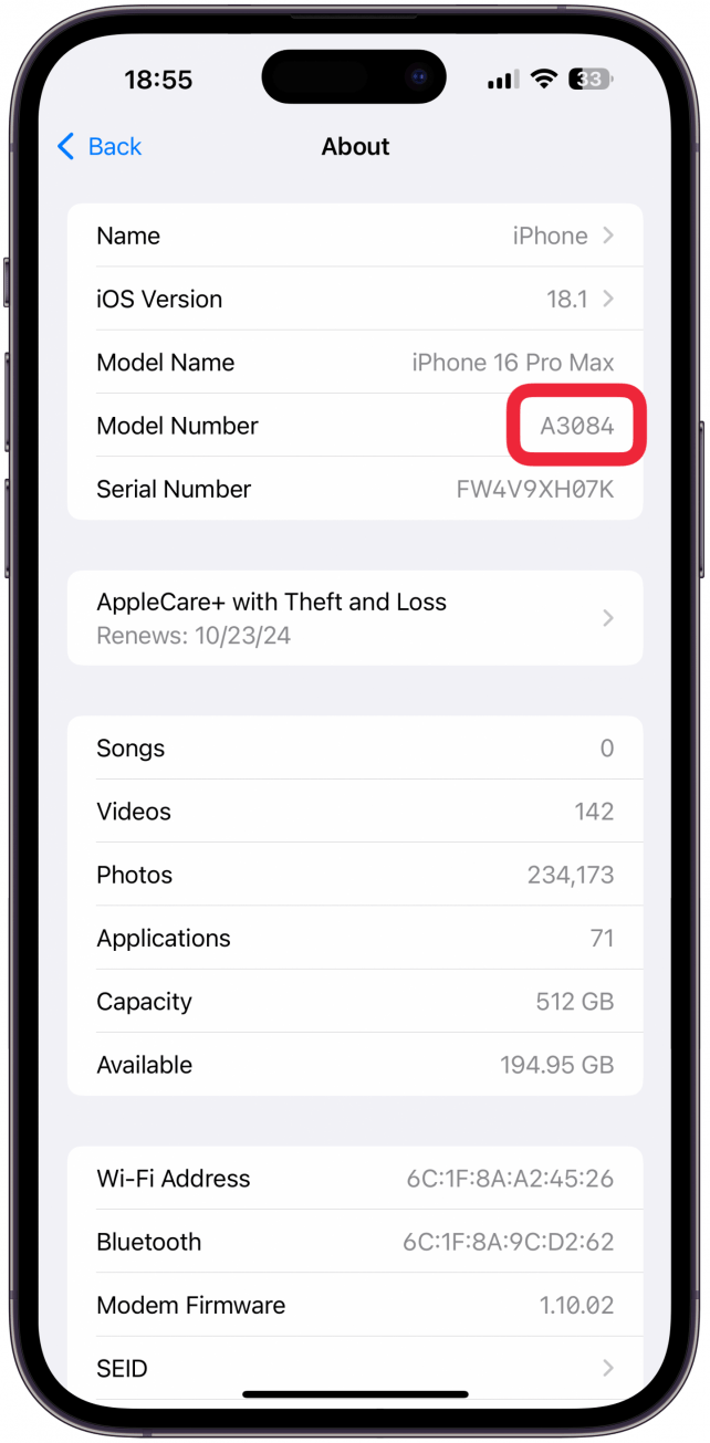 Try tapping on that longer number to see if it reveals your actual model number, which will be the letter A followed by four numbers. 