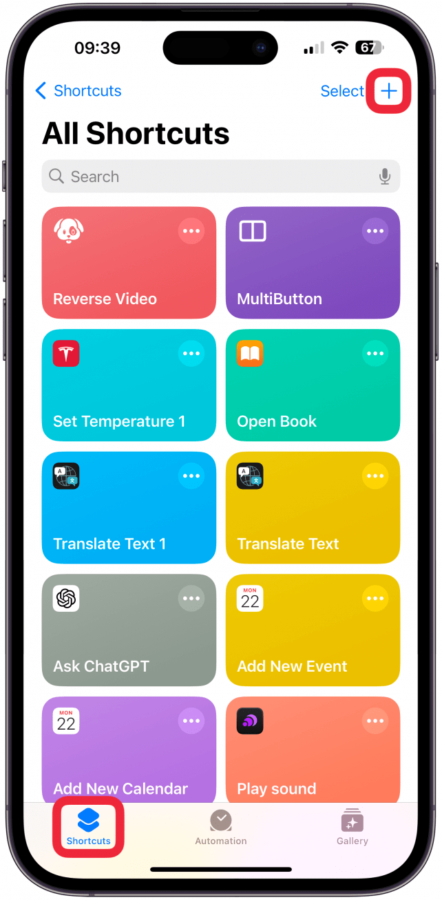 Navigate to the Shortcuts tab if you're not already there, and tap the plus icon in the top right corner.