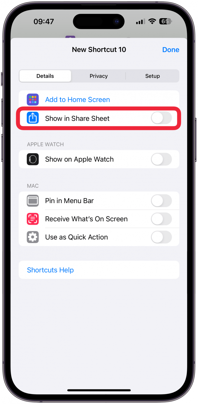 Toggle on Show in Share Sheet, then tap Done.