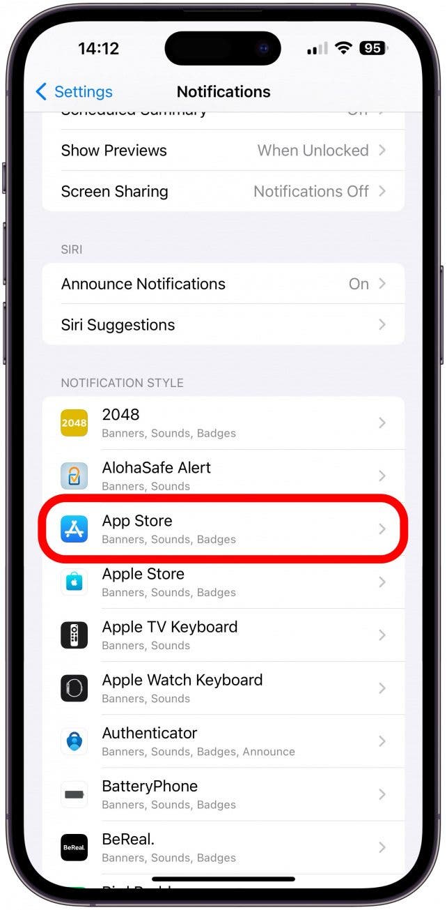 Under NOTIFICATION STYLE, tap an app that sends Time Sensitive Notifications, such as the App Store.