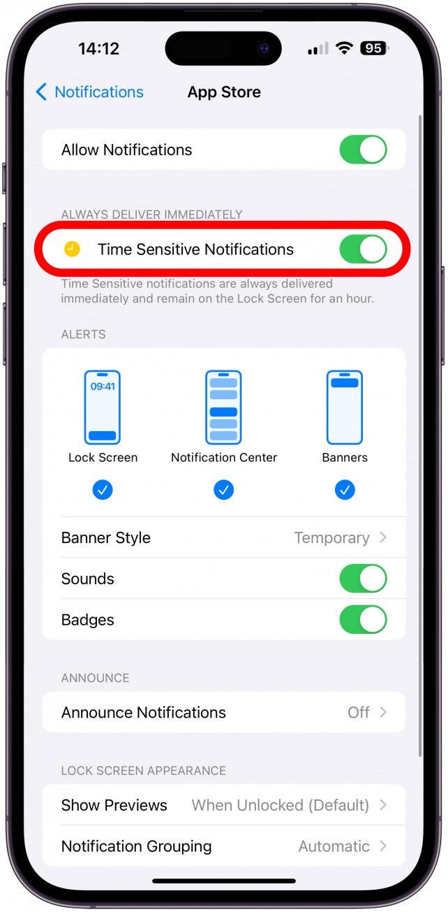 Toggle Time Sensitive Notifications off (from green to gray.)