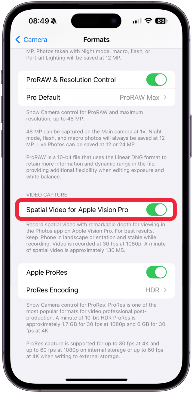 Toggle Spatial Video for Apple Vision Pro on or off.