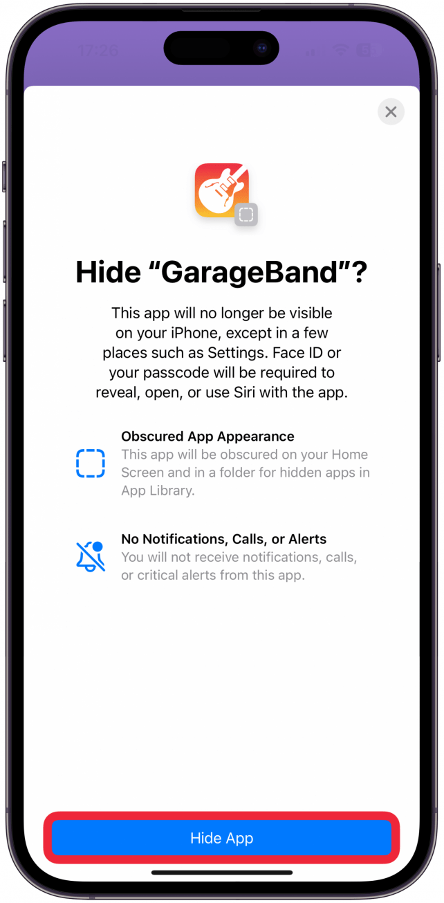 You will have to confirm that you wish to hide the app using Face ID and by tapping Hide app.