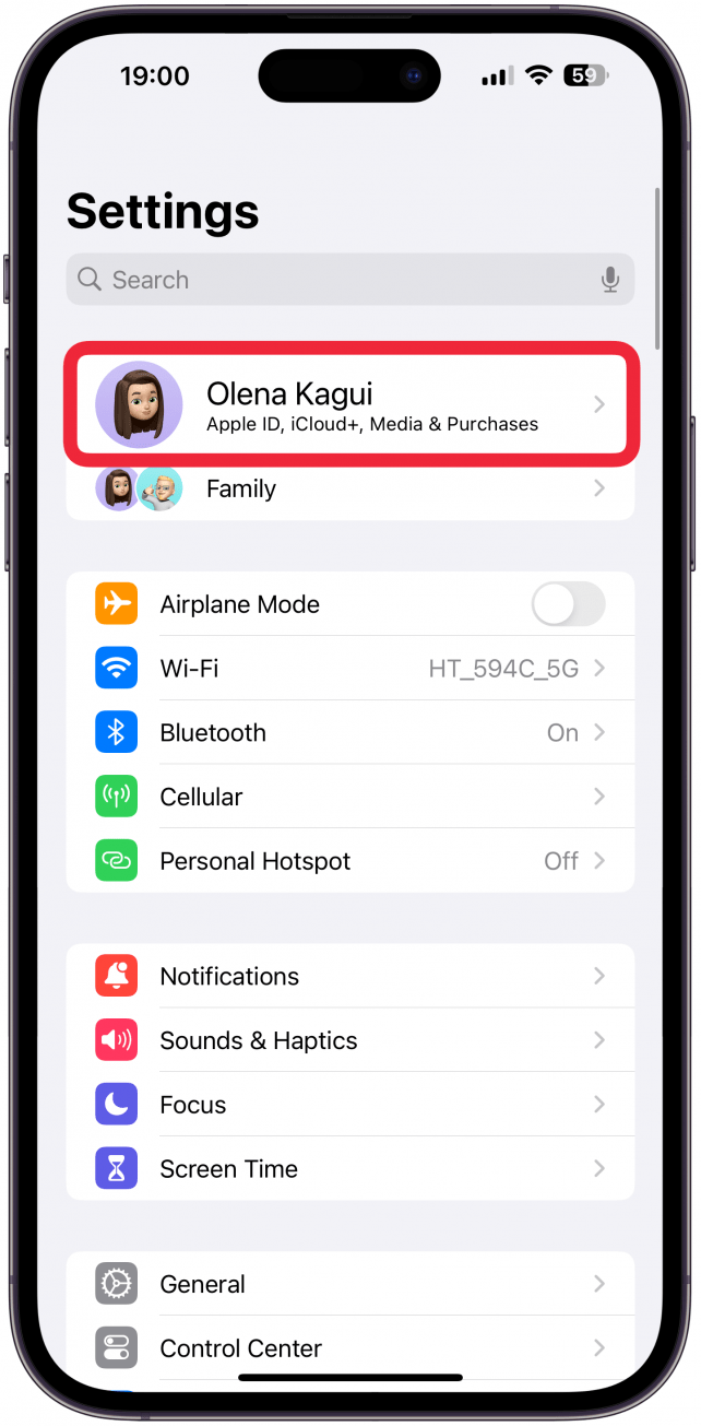 Open Settings and tap on your name at the top of the screen.