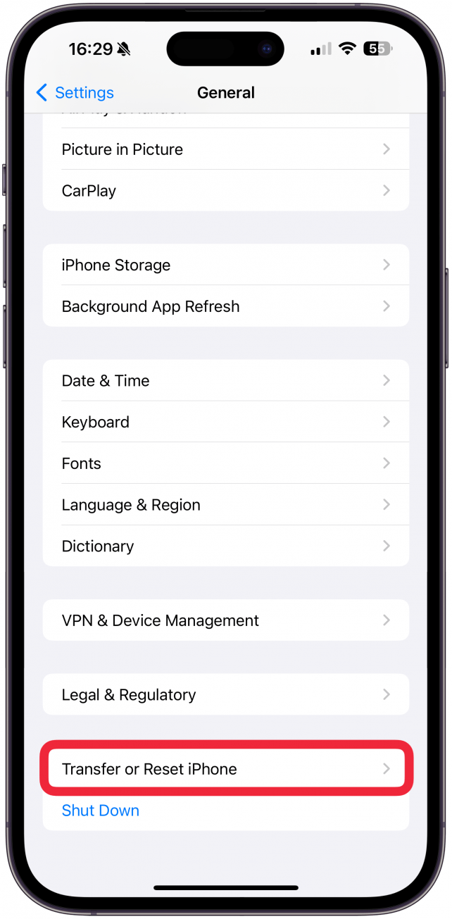 Scroll down and select Transfer or Reset iPhone.