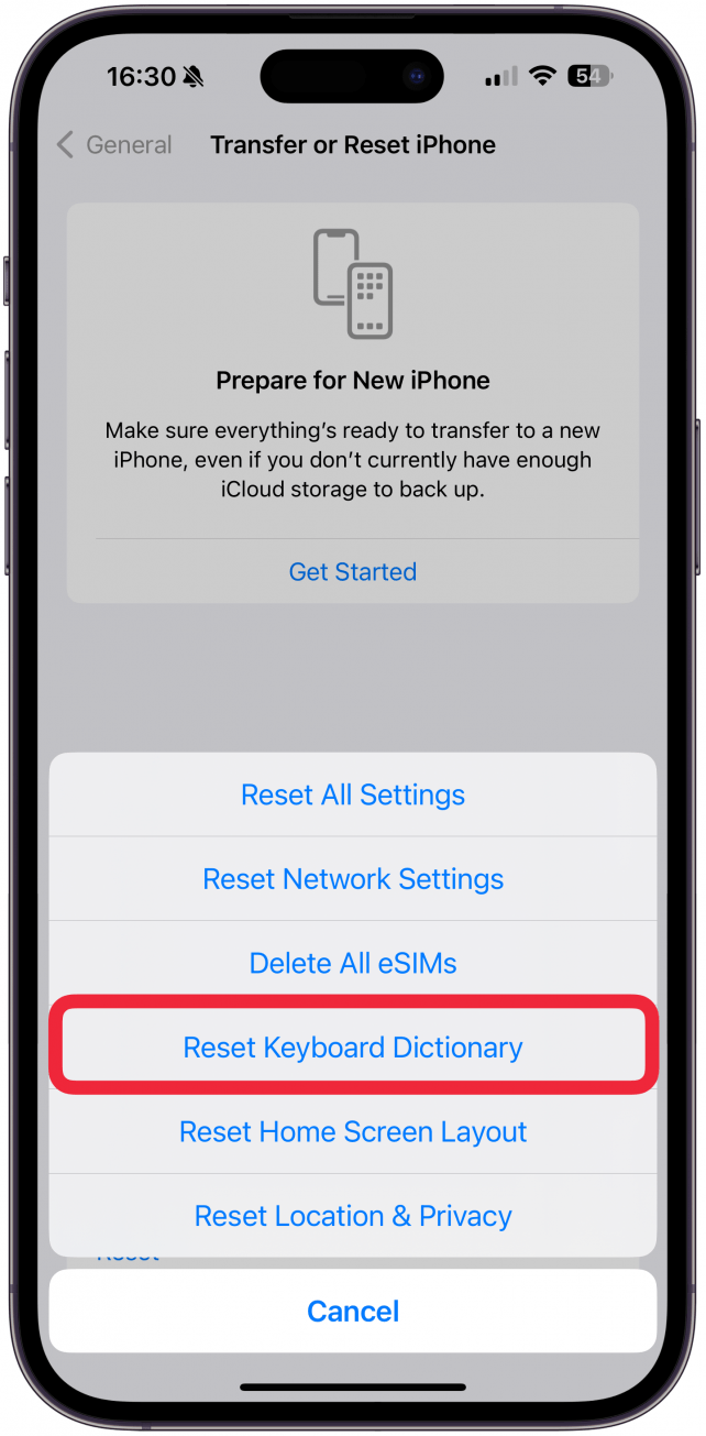 Select Reset Keyboard Dictionary.