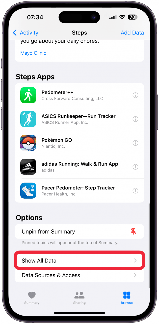 Scroll to the very bottom and tap Show All Data.