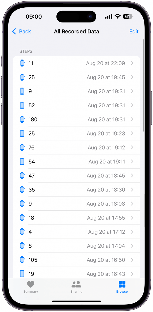 If you don't wish to delete all the steps for the entire day, tap on a day and follow the same steps to delete whichever rows steps you wish to remove.