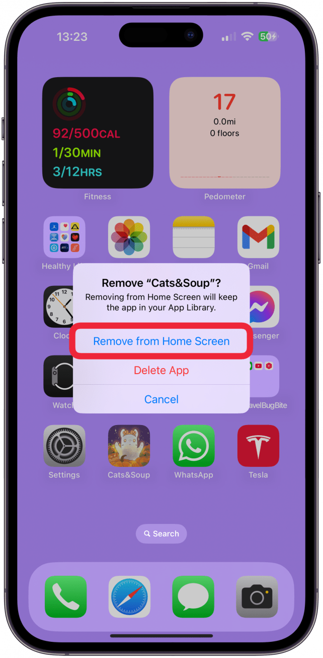 Tap Remove from Home Screen. This removes the app icon from your Home Screen, but keeps it safely stored in your App Library so it isn't deleted.