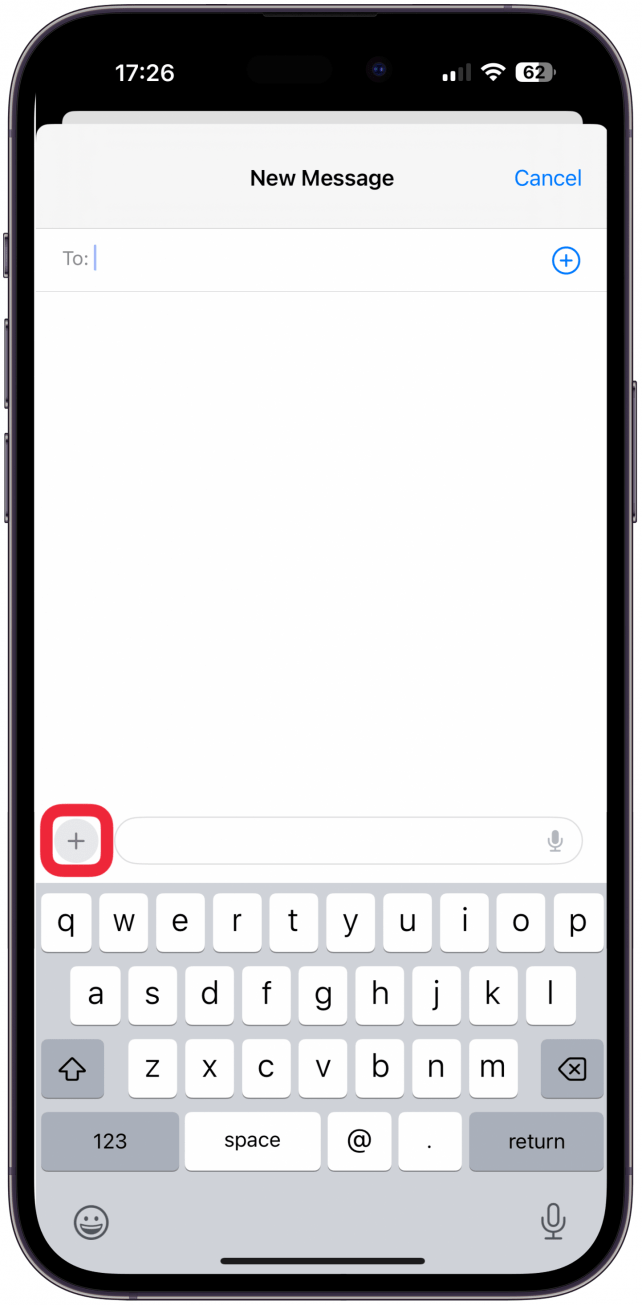 Next, open the Messages app and start a new message thread or navigate to an existing one. Tap the plus icon.