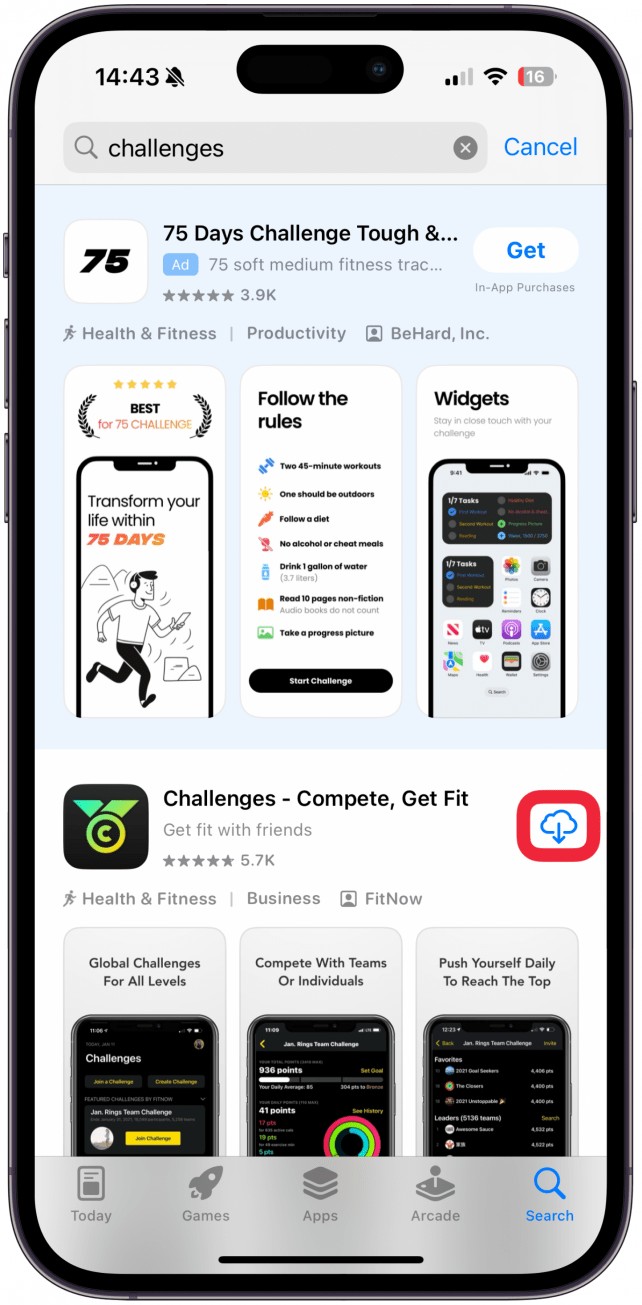 Download the Challenges - Compete, Get Fit app (free) from the App Store, and open it on your iPhone.