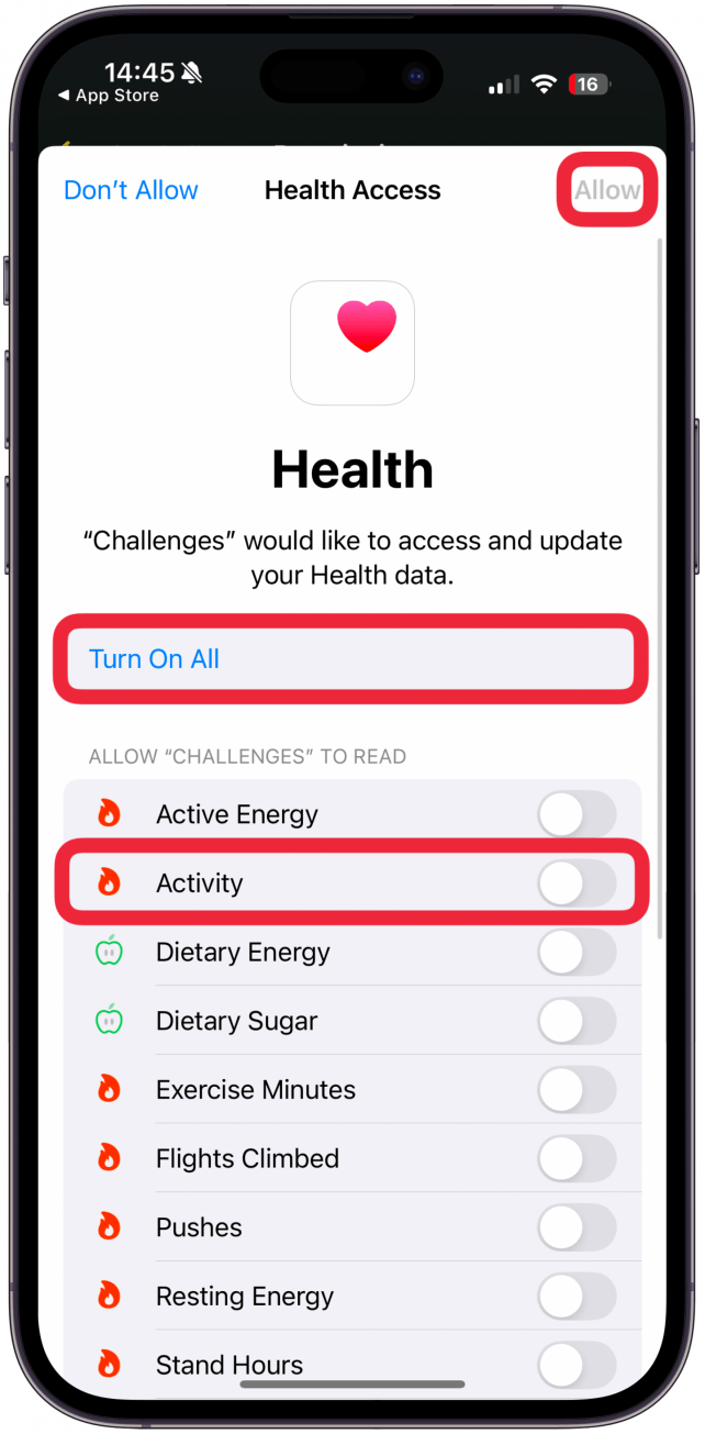 Here you can pick what you want the app to have access to, Activity is the main thing you need to check off, or you can tap Turn On All, which is my preference for trustworthy apps. Next, tap Allow.