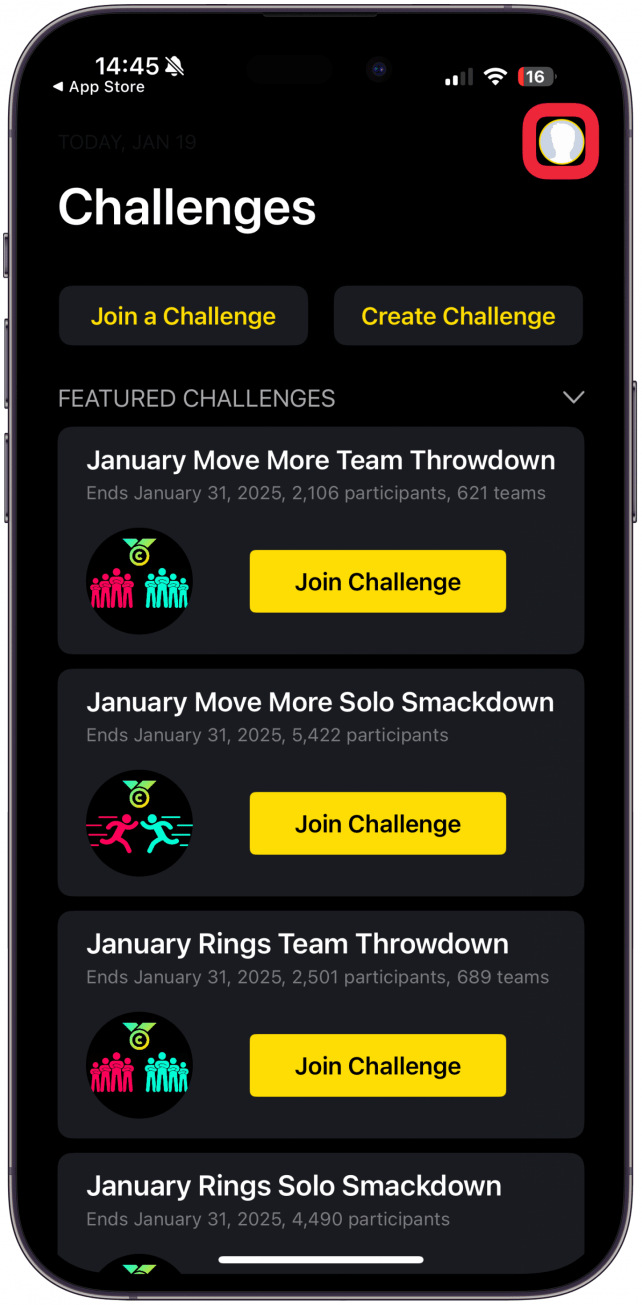 Open the Challenges app and tap your profile in the top right corner.