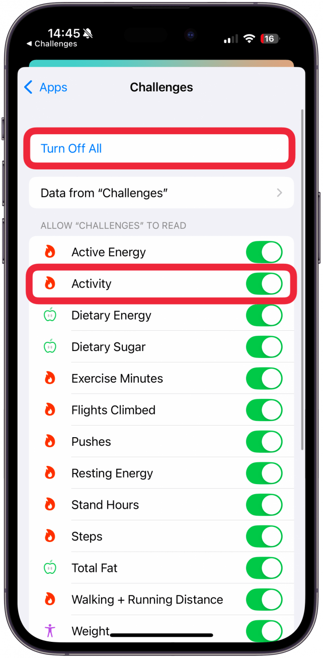 Tap Turn On All or just Activity, that's all you need to share for this challenge.