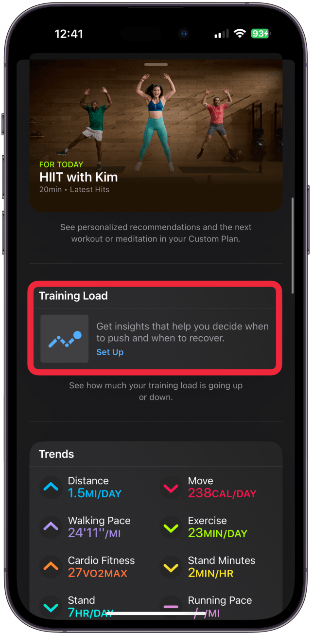 Scroll until you see the Training Load card, then select it.