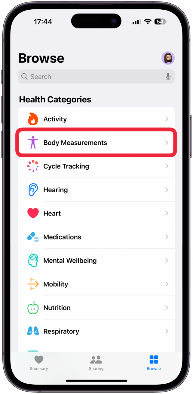 Tap Body Measurements.