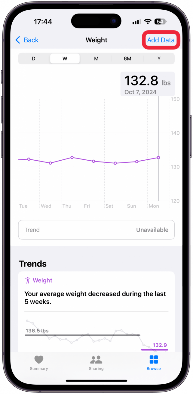 Select Add Data, input your new height or weight, and tap Add.