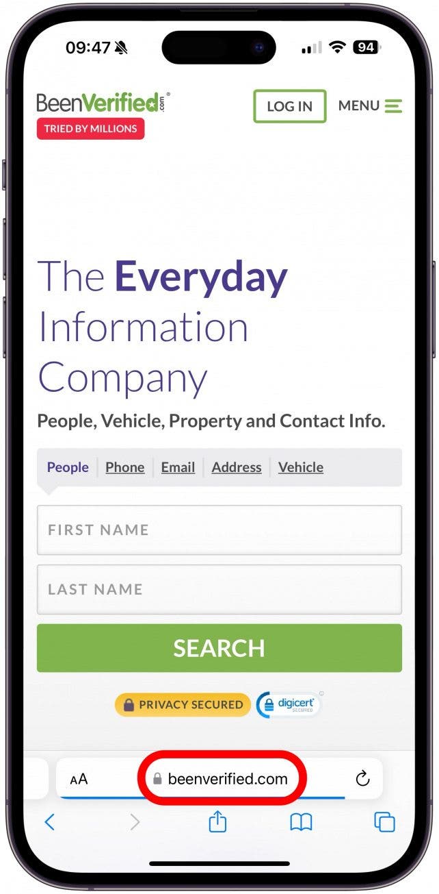 Open https://www.beenverified.com/ in your browser.