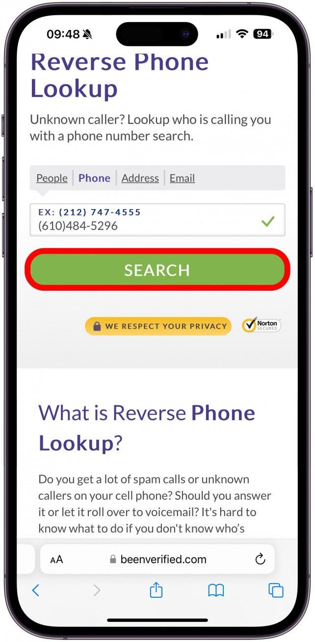 Write the phone number you wish to look up. Tap Search.