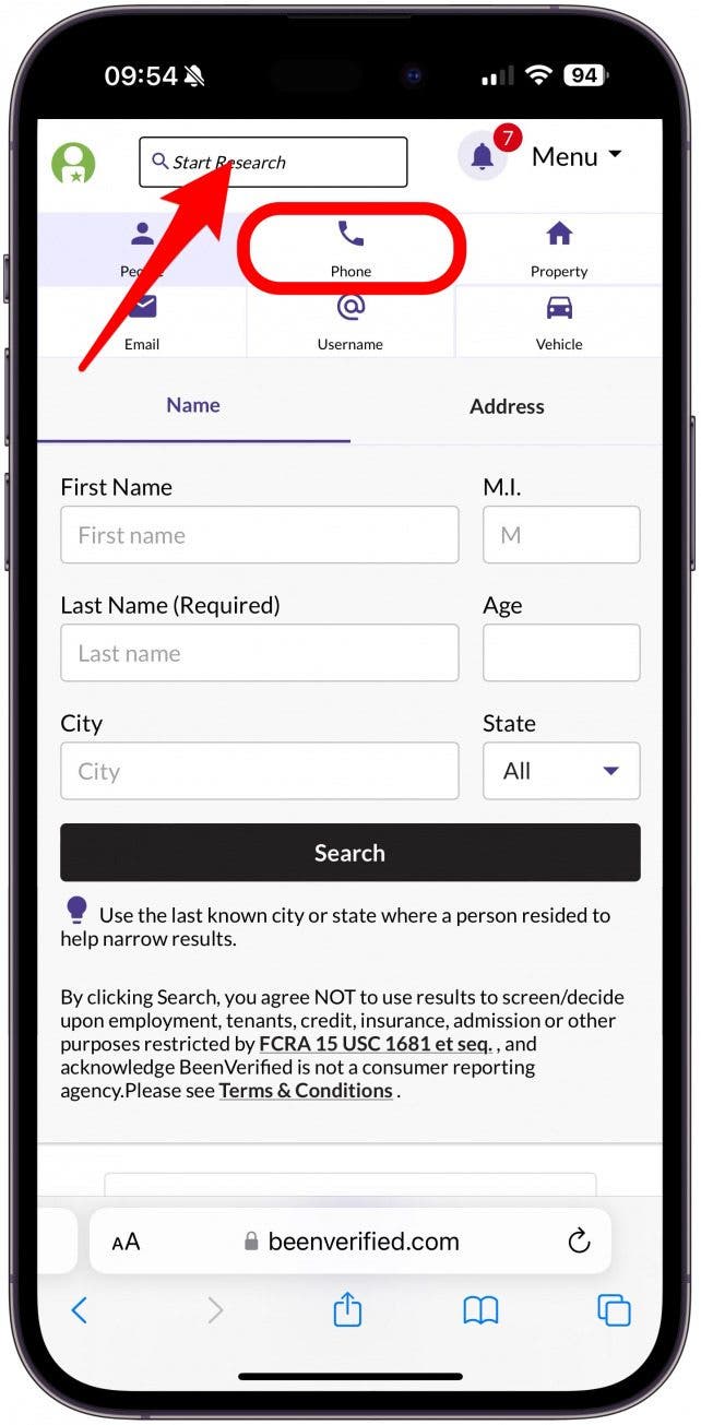 Tap the Start Research bar at the top and select Phone. Then enter the phone number you wish to look up.