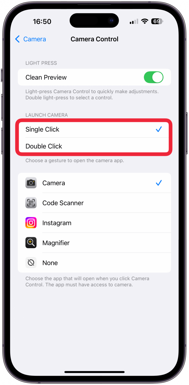 Under Launch Camera, you can decide if you wish to launch the Camera app with a single press/click or double. Just select the option you prefer.