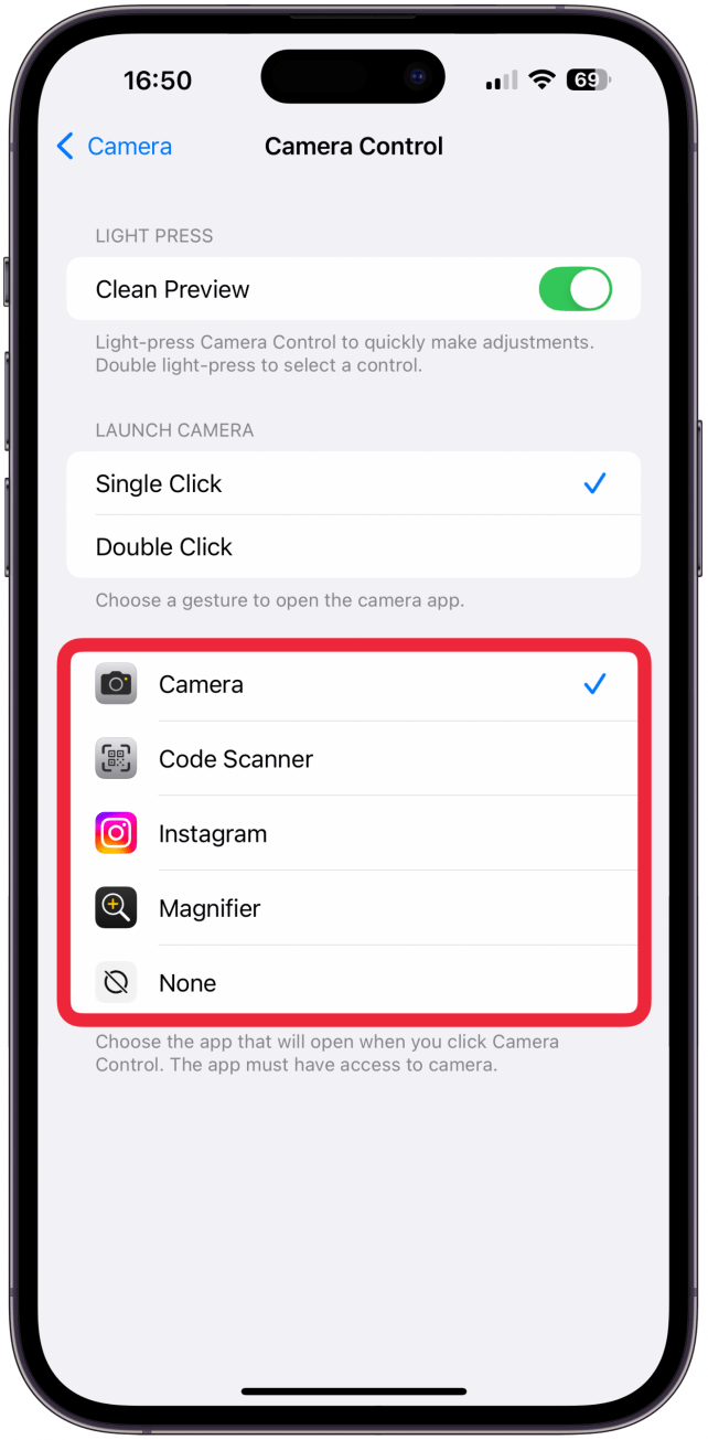 Finally, you can pick which app opens when you press the Camera Control button. 