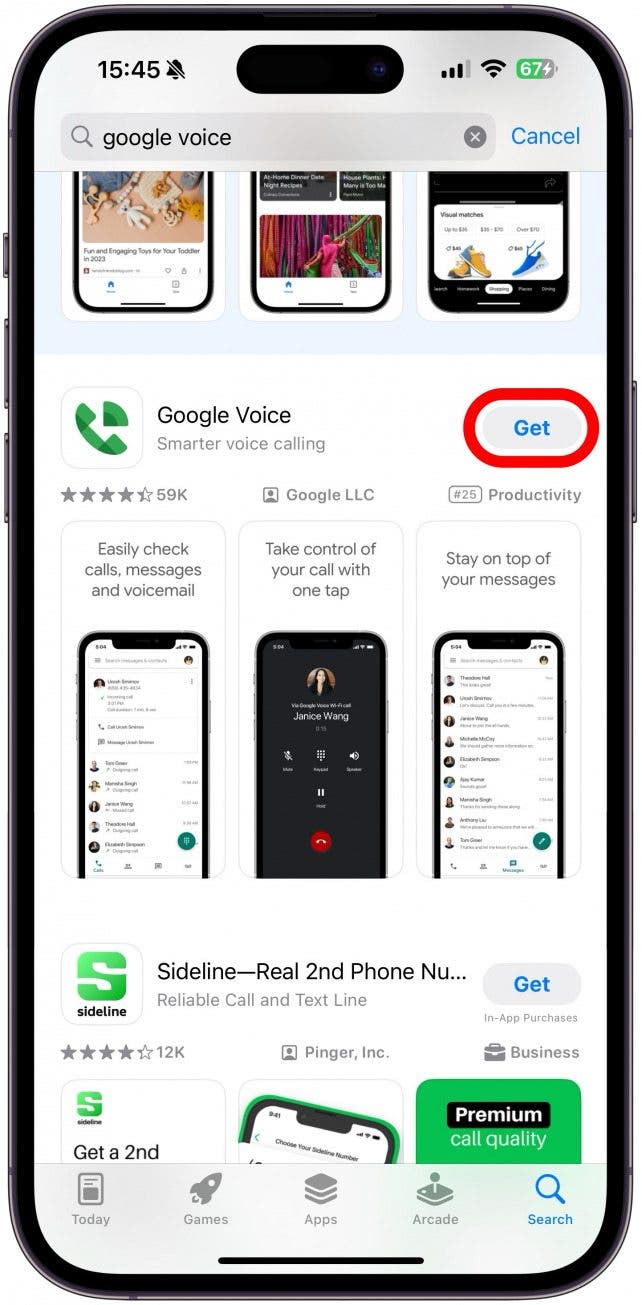 Download the Google Voice app (free) from the App Store and open it.