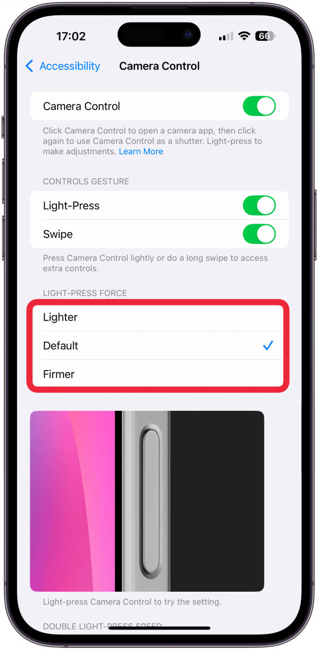 Under Light-Press Force, you can pick between Lighter, Default, and Firmer.