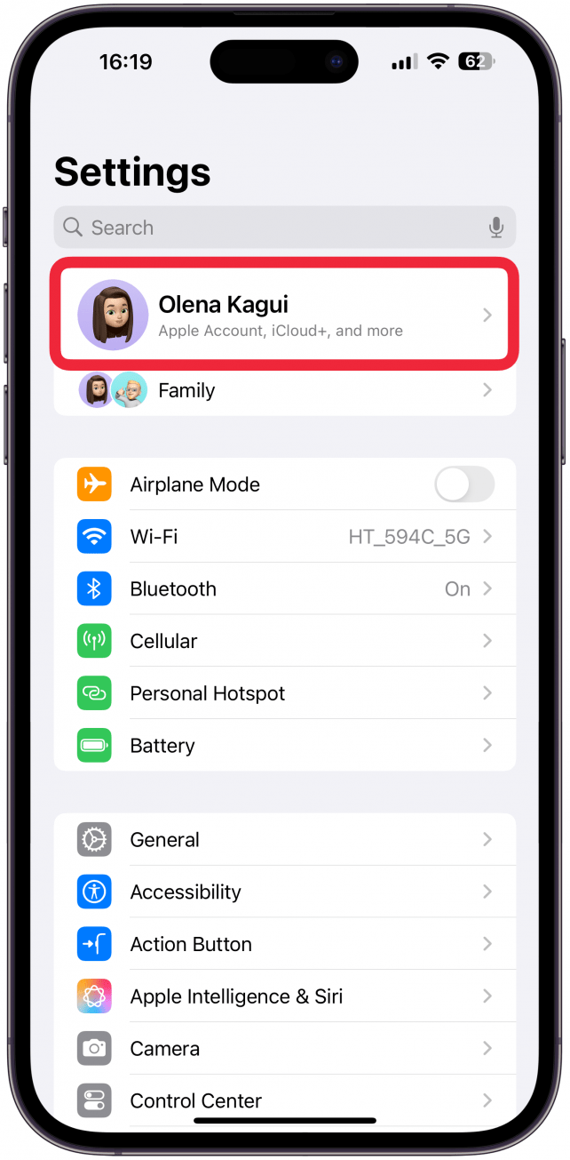 On your iPhone, open the Settings app, and tap on your Apple ID profile at the top.