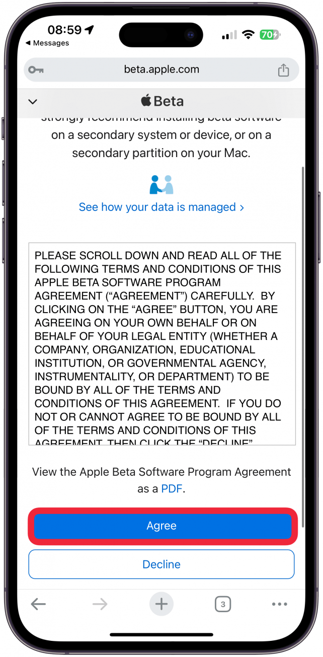 Tap Agree to agree to the iOS beta agreement.