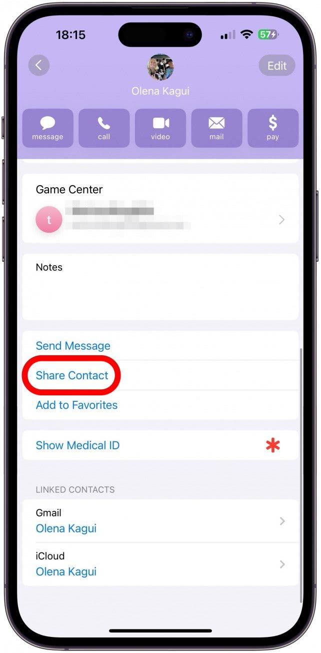 If you scroll further down, you will see the option to Share Contact.