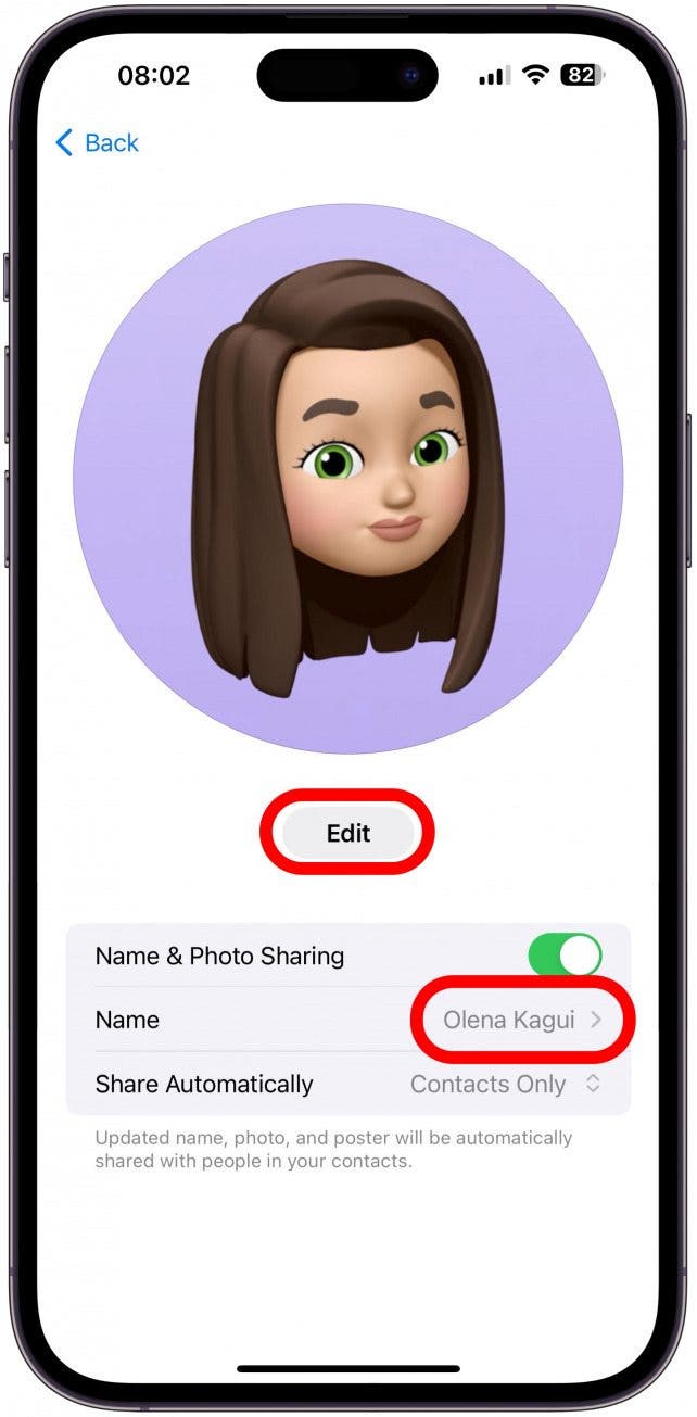 You can change your name by tapping your name, and make changes to your Contact Photo & Poster by tapping Edit.