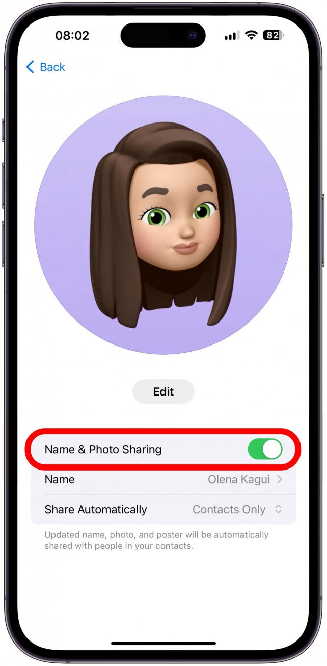 Next, you can toggle Name & Photo Sharing off for the most privacy, but then no one will see the Contact Poster or Photo that you set up.