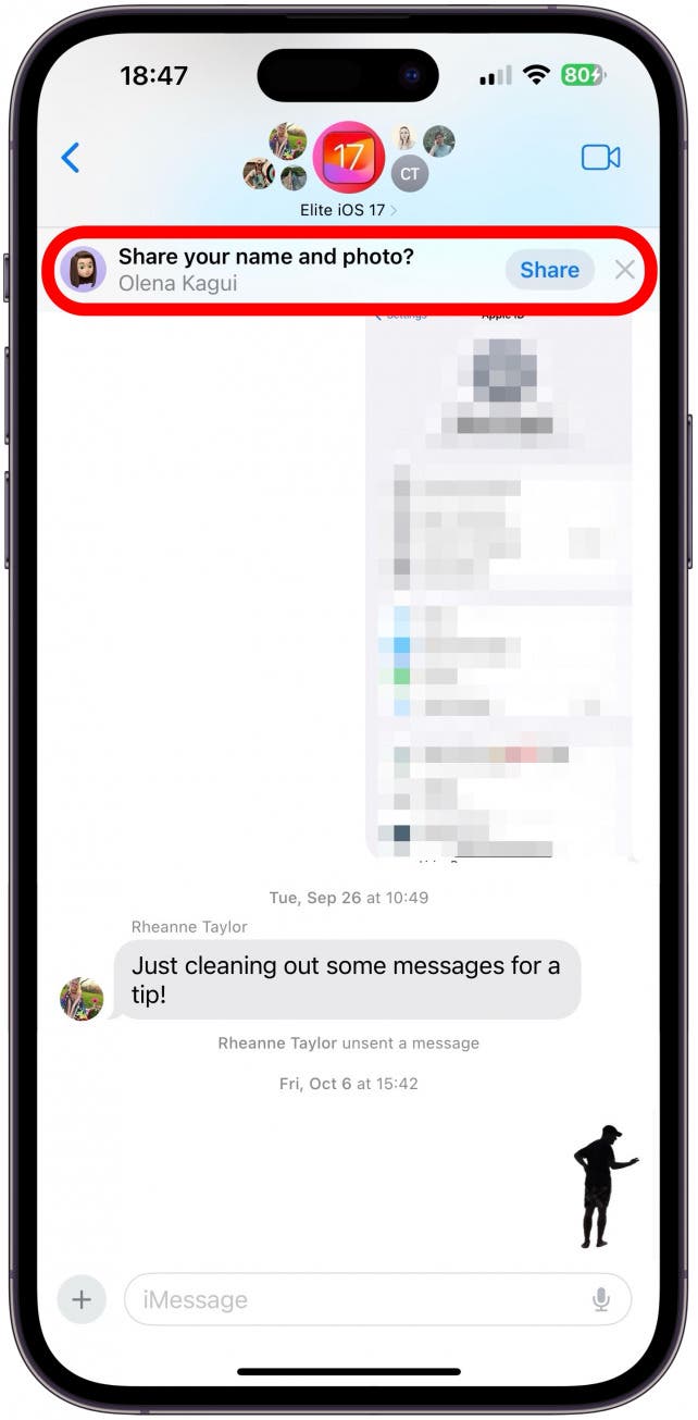 Now, if you open a Messages thread with other iPhone users, you will see a pop-up asking you if you wish to share your name and photo with the contacts in that specific thread. Tap Share to share the changes you make, or tap the x or ignore the notification to not share the update.