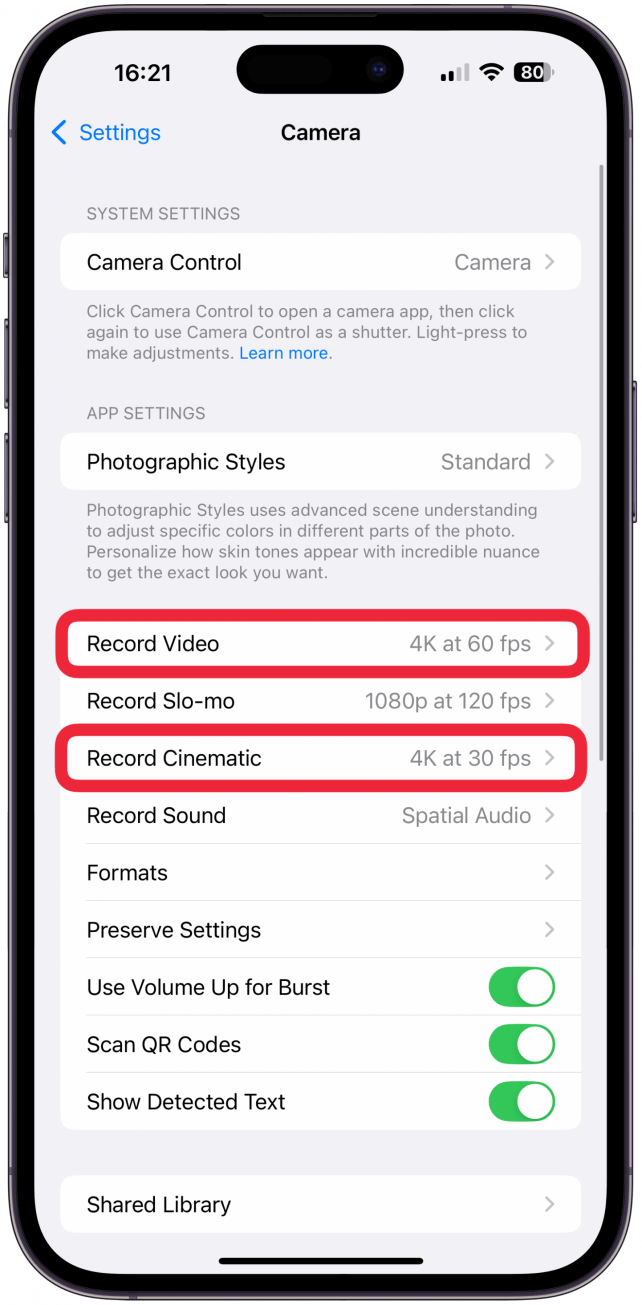 For best-quality videos, make sure to tap on Record Video and Record Cinematic and select the best-quality option in each section.