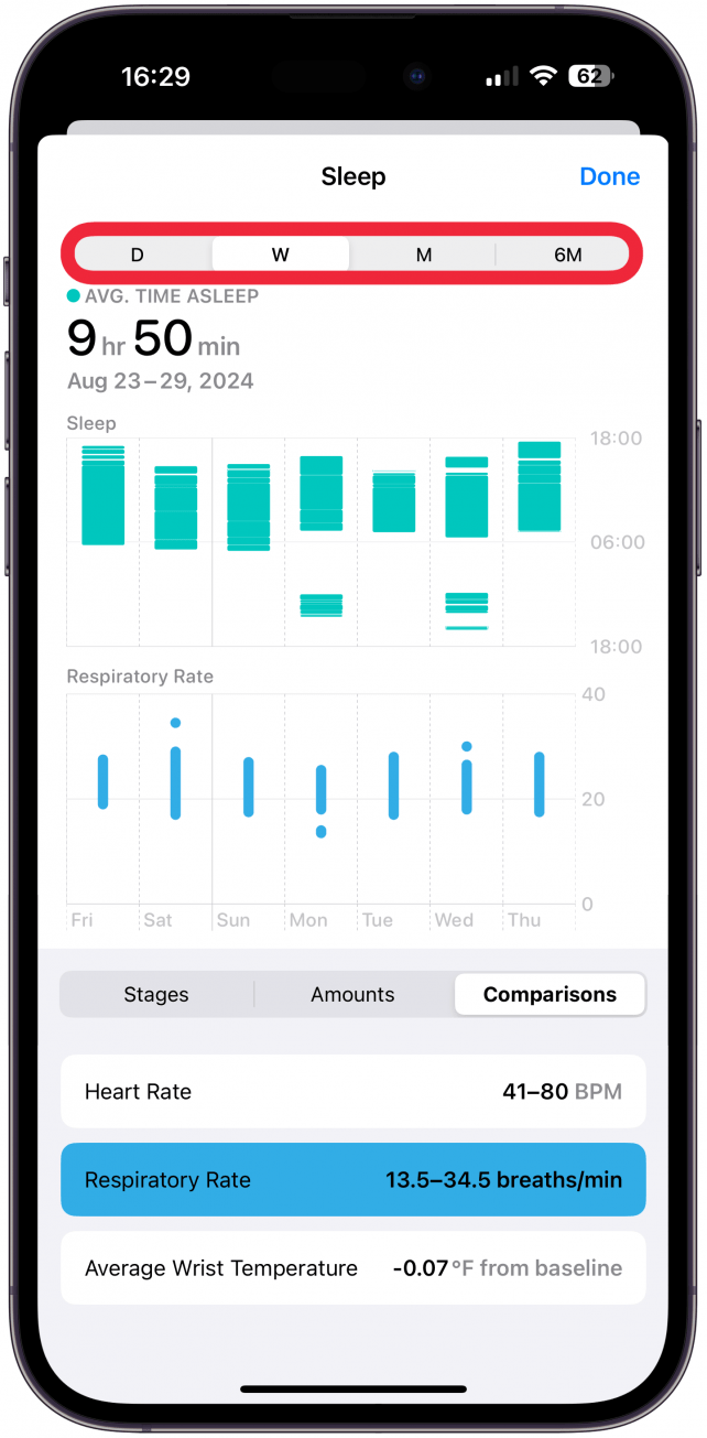 Then, you can adjust the top row of settings to see your breathing rate on a graph over different periods of time: one day, one week, one month, or six months.