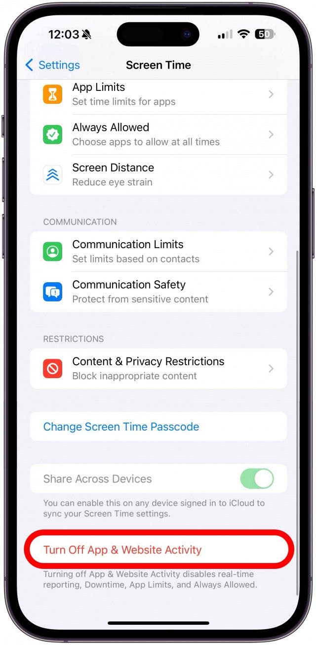 Scroll down and tap Turn Off App & Website Activity to disable all your Screen Time-related restrictions.