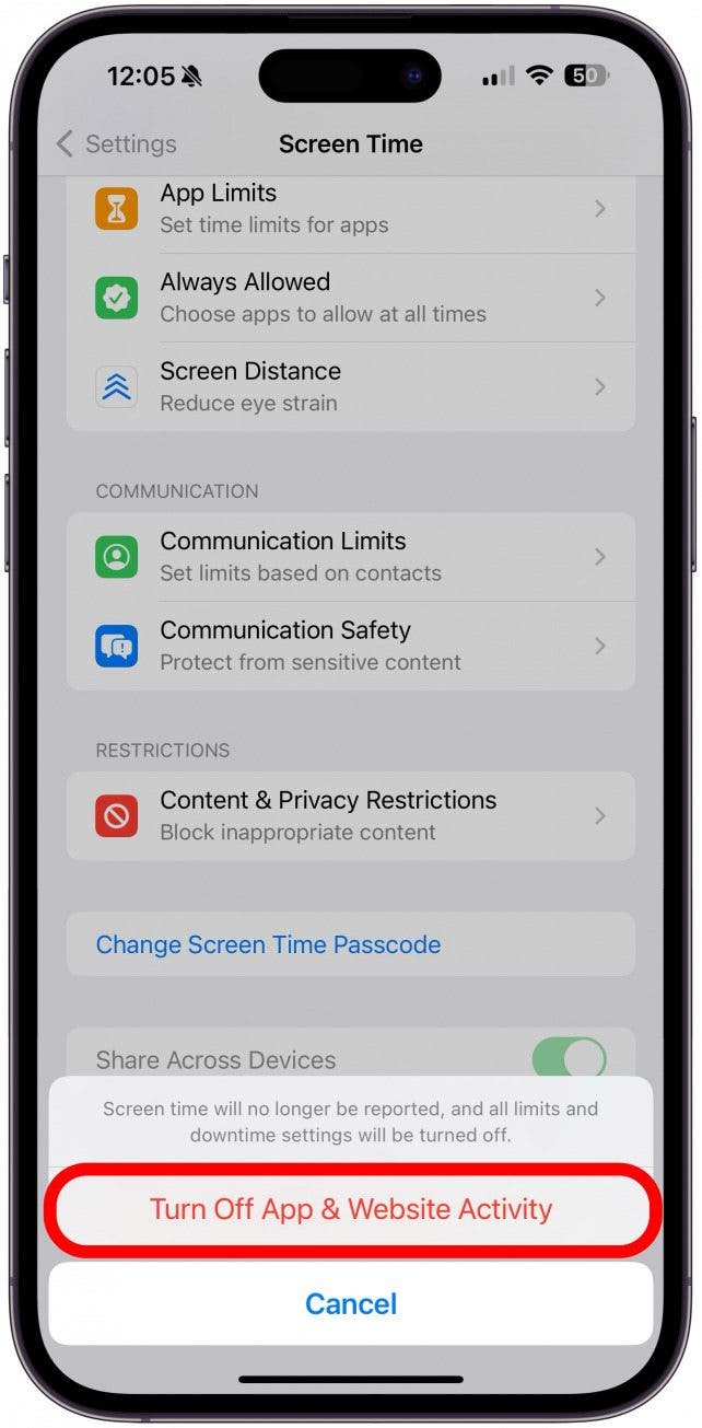 Scroll down and tap Turn Off App & Website Activity to confirm.