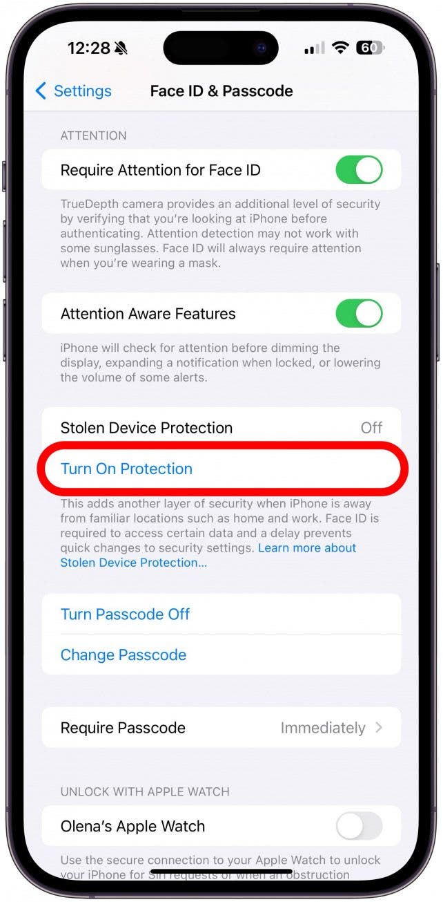 Scroll down until you see Stolen Device Protection and tap Turn On Protection.