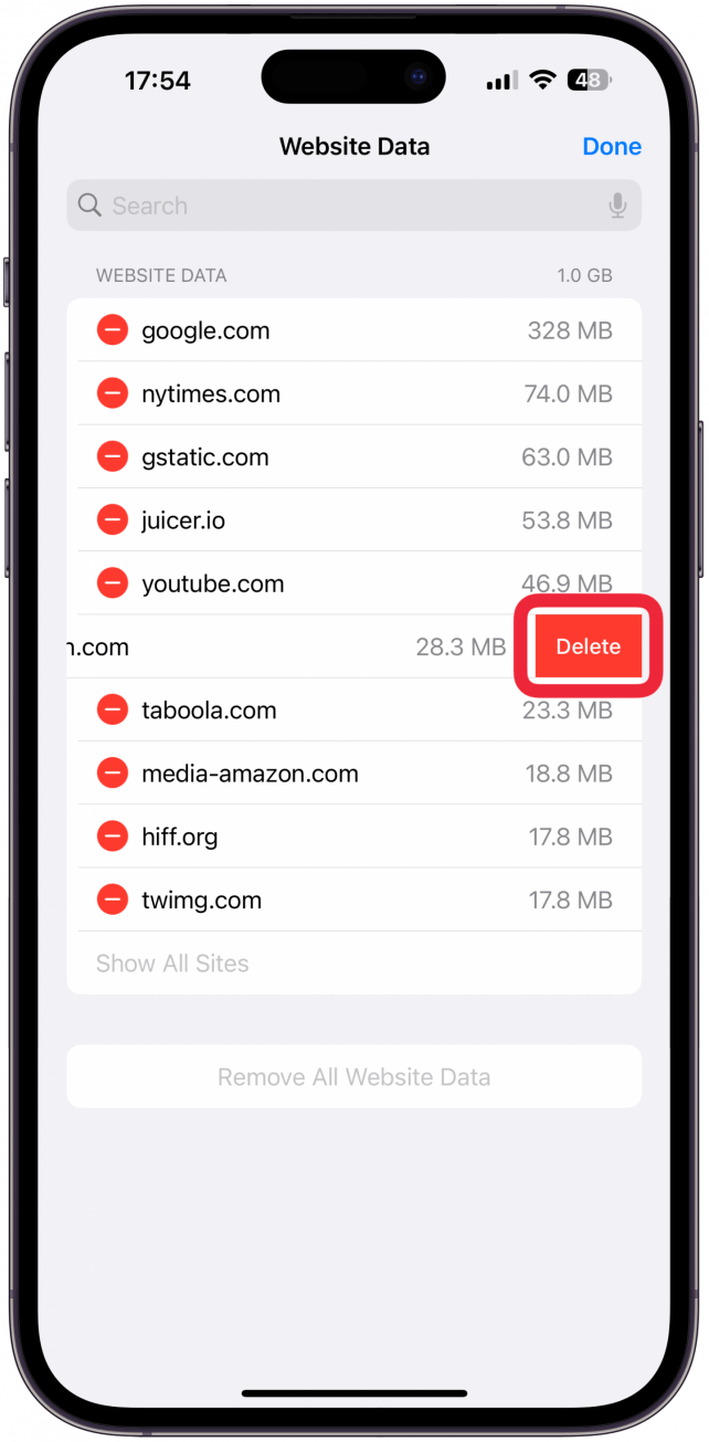 Then, tap the minus sign to the left of a website's name, then select Delete.