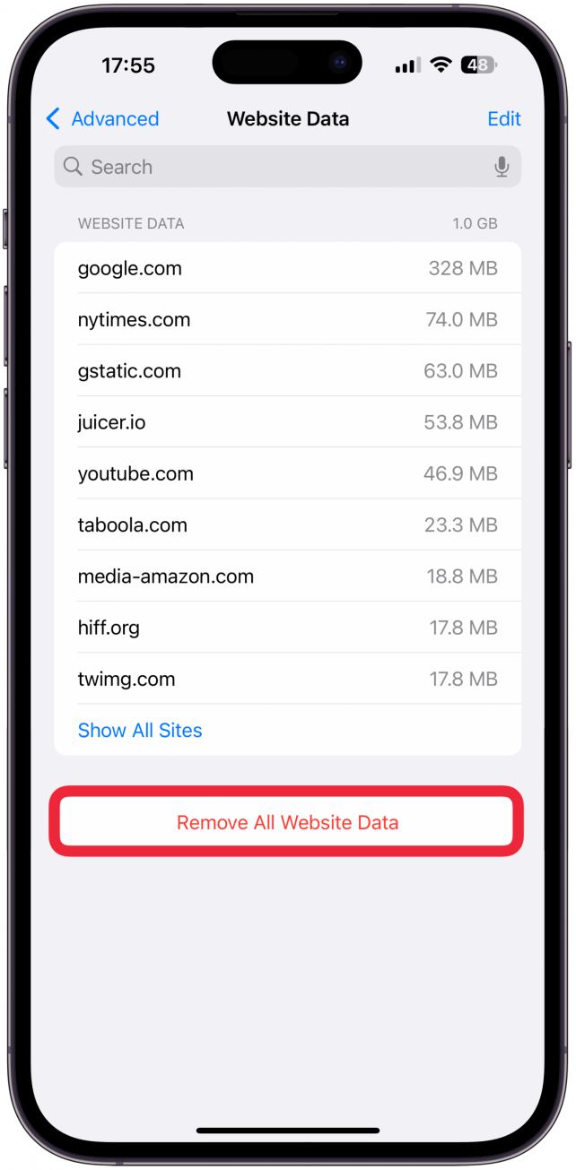 If you want to delete all cookies, tap Remove All Website Data.