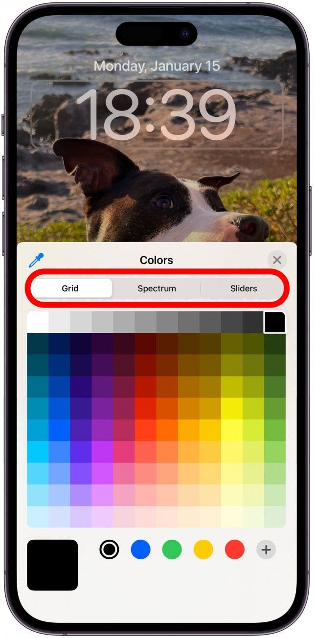 You can use a color grid, spectrum, or sliders to select your desired color.