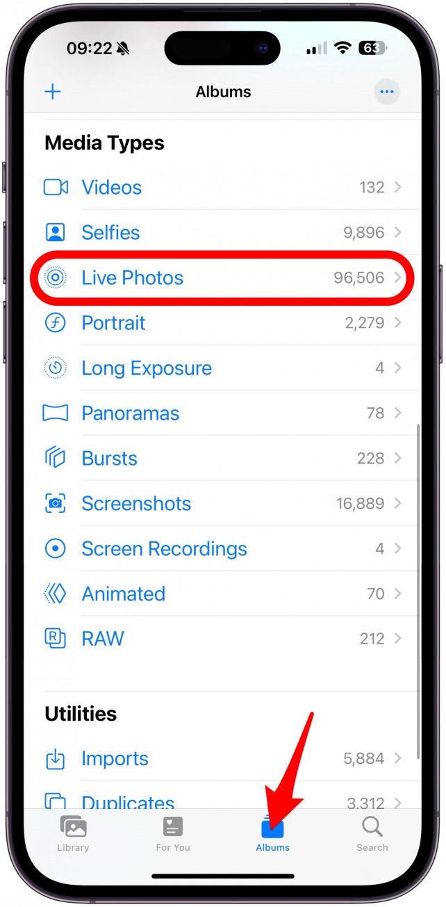 Tap the Albums tab, then scroll down and tap Live Photos under Media Types.