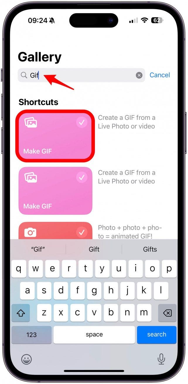 At the top of the Gallery tab, tap into the Search field and type in GIF.