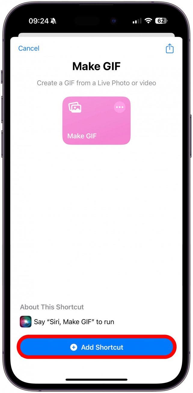 You should see a shortcut appear named simply Make a GIF appear from the search. Tap it.