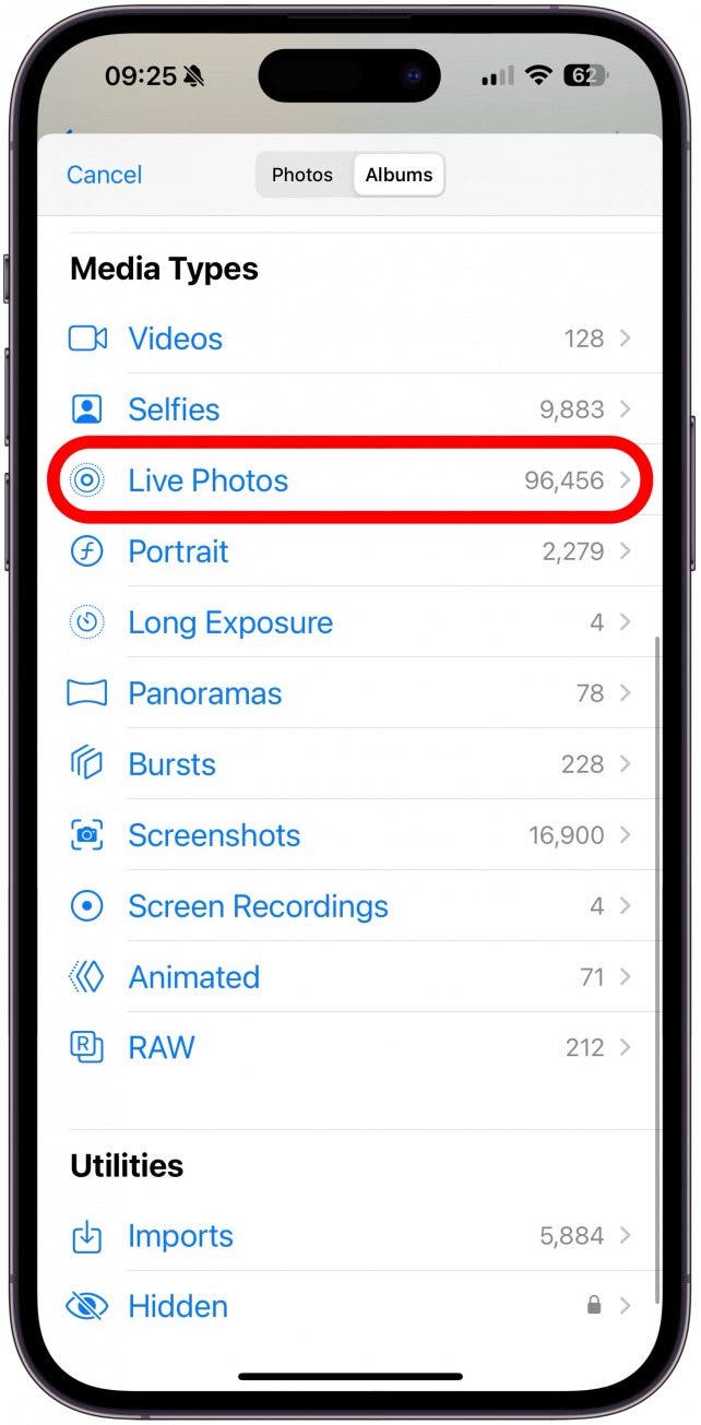 Next, scroll down and tap the Live Photos option under Media Types.