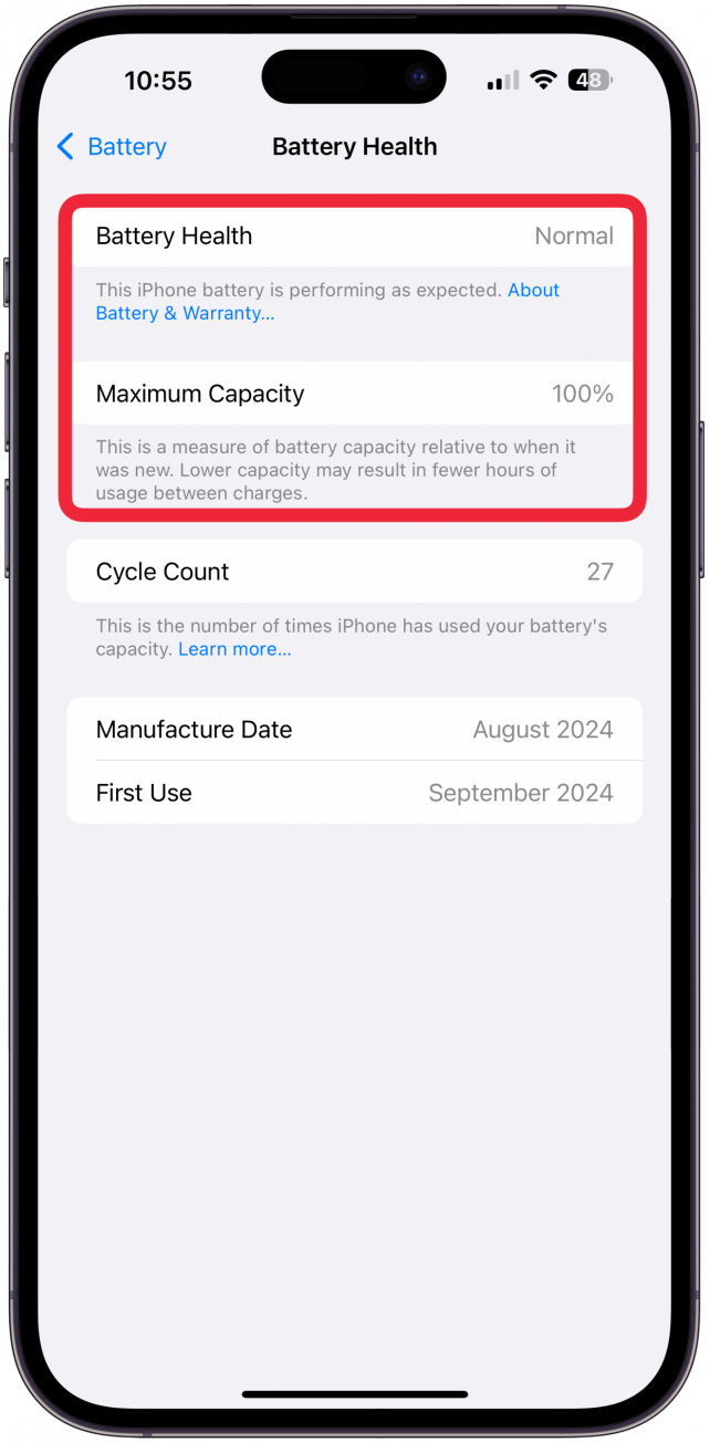 Here you can check on your iPhone battery health and capacity. 