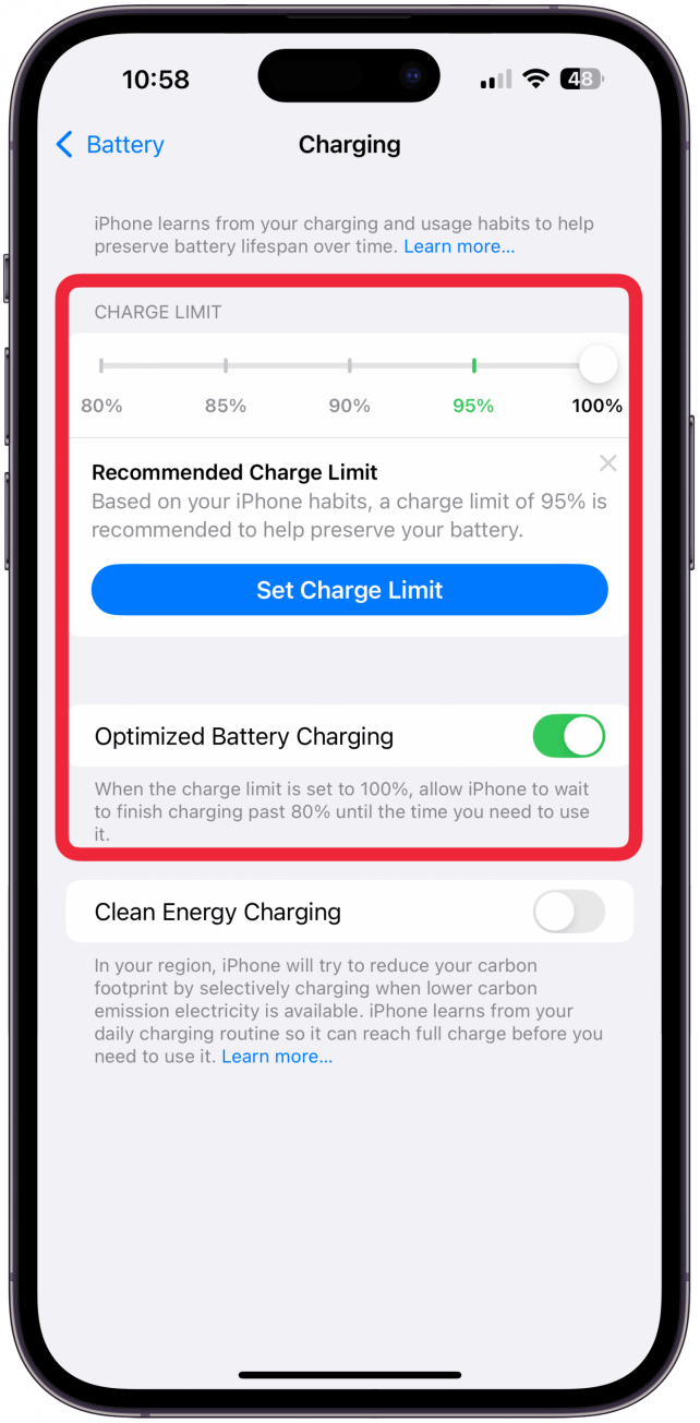 Here you can toggle on Optimized Battery Charging and set a charging limit 